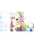 40x20 inches anime girl desk pad with silver hair, rainbow tips, sailor outfit, and plush on blue grid.