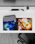 Anime mouse pad featuring Kirito and Asuna from Sword Art Online, size 28x12 inches, with dynamic fire and frost theme.