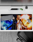 Mouse pad 32x16 inches featuring Kirito and Asuna from Sword Art Online, showcasing a fiery and frosty clash amid chaos.