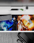 Kirito and Asuna anime desk pad 36x16 inches, featuring dynamic fire and frost theme with electric blues and golds.