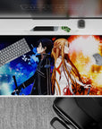 Anime desk pad 40x20 inches featuring Kirito and Asuna from Sword Art Online in a dynamic fire and frost design.