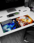 Kirito and Asuna from Sword Art Online on a 36x16 inch anime mouse pad, featuring vibrant fire and ice elements.
