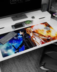 Kirito and Asuna from Sword Art Online on a 40x20 inch anime desk pad, featuring fire, frost, and shattered triangles.