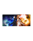 Kirito and Asuna anime mouse pad, 28x12 inches, showcasing fire and frost clash, vibrant blues, golds, and shattered triangles.