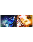 Anime mouse pad 32x12 inches featuring Kirito and Asuna in a dynamic fire and frost battle, with vibrant colors and patterns.