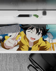 Cozy sunshine-chaos anime desk pad 36x16 inches in mustard hoodie, soft blue sky, warm tones.
