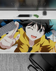 Cozy sunshine-chaos anime desk pad 40x20 inches in mustard hoodie, soft blue sky, warm tones.