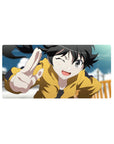 Anime girl mouse pad 32x16 inches with winking character in mustard hoodie, peace sign, crisp line art.