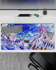 Bright sapphire sky anime girl mouse pad 32x16 inches with white feathers and pink petals, cozy vibe.