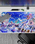 Anime girl desk pad 40x20 inches in bright sapphire sky blues and clean whites, cute cozy daydream vibe.