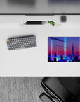 14x10 inches mouse pad with futuristic cityscape, blending purples and blues for a captivating, cyberpunk design.