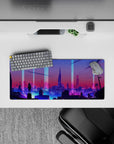 28x12 inches mouse pad with futuristic cityscape, blending purples and blues for a striking, tech-driven effect.