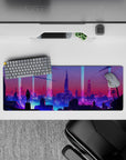 32x12 inches mouse pad with futuristic cityscape, blending purples and blues for a captivating, mysterious desk design.