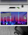 32x16 inches mouse pad with futuristic cityscape, blending purples and blues for a cyberpunk world atmosphere.
