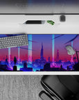 36x16 inches mouse pad with futuristic cityscape, blending purples and blues for an intriguing, tech-inspired workspace design.