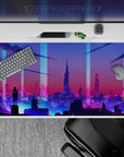 40x20 inches mouse pad with futuristic cityscape, blending purples and blues for a mysterious cyberpunk world feel.