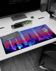 Artistic 36x16 inches mouse pad featuring futuristic cityscape, neon lights, and a lone figure for a captivating cyberpunk vibe.
