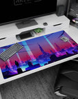 Large 40x20 inches mouse pad featuring futuristic cityscape, neon lights, and a lone figure for a tech-inspired, dreamlike desk effect.