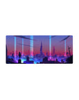 Mouse pad featuring futuristic cityscape, 28x12 inches, with neon lights and towering buildings for a cyberpunk, dreamlike atmosphere.