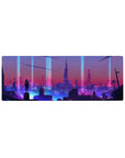 Compact 32x12 inches mouse pad with futuristic cityscape, featuring neon lights and towering buildings for a cyberpunk aesthetic.