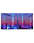 Mouse pad featuring futuristic cityscape, 32x16 inches, with neon lights and towering buildings for a mysterious, futuristic effect.