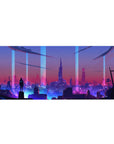 Mouse pad featuring futuristic cityscape, 36x16 inches, with neon lights and towering buildings for a cyberpunk aesthetic.