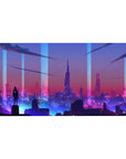 Mouse pad featuring futuristic cityscape, 40x20 inches, with neon lights, towering buildings, and a lone figure for a cyberpunk vibe.