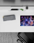 14x10 inches mouse pad featuring cyberpunk metropolis design, with vibrant purples, blues, and pinks for an electrifying futuristic atmosphere.