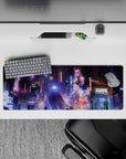 32x12 inches mouse pad with cyberpunk metropolis design, showcasing purples, blues, and pinks to create a high-energy, futuristic workspace atmosphere.