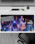 32x16 inches mouse pad with cyberpunk metropolis design, blending purples, blues, and pinks for a captivating, futuristic desk aesthetic.