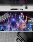 40x20 inches mouse pad with cyberpunk metropolis design, blending purples, blues, and vibrant pinks to create a futuristic, electrifying desk vibe.