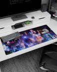 Artistic 36x16 inches mouse pad featuring cyberpunk metropolis design, with vibrant purples, blues, and pinks for an electrifying urban feel.