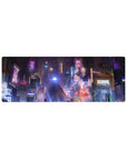 Compact 32x12 inches mouse pad with cyberpunk metropolis design, featuring neon purples, blues, and vibrant pinks for an electrifying city vibe.