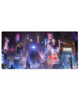 Mouse pad featuring cyberpunk metropolis design, 32x16 inches, with neon purples, blues, and pinks to create a glowing, high-energy atmosphere.