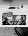 28x12 inches black-and-white anime mouse pad, gritty ink-drip shading and tense late-night vibe.