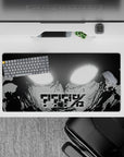 Black-and-white anime mouse pad 32x16 inches, loud glitch vibe with blown-out white eyes and calm tension.