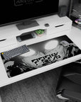 Intense anime face fills the frame with sketchy ink smoke and AFK across eyes, desk pad 36x16 inches.