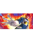 36x16 inch desk pad highlighting Vegeta's Super Saiyan God form with intense red flames and power