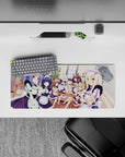 28x12 inches cozy catgirl café mouse pad in mint and lavender tones with warm sunny window glow.