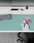 36x16 inches pastel teal and blush anime desk pad, calm cozy vibe with clean lines for work or gaming.