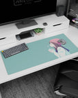 36x16 inches anime girl mouse pad showing a soft smile in a blush beanie, holding a warm cup.