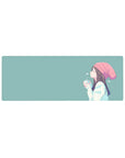 32x12 inches anime girl mouse pad with pastel side-profile girl in beanie holding a warm cup, clean lines.