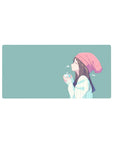 32x16 inches anime girl mouse pad with side-profile character, blush beanie, and cozy winter desk aesthetic.
