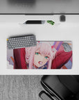 28x12 inches mouse pad with Zero Two from Darling in the Franxx, showcasing her rebellious nature and striking lollipop look.