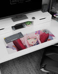 Artistic 32x12 inches mouse pad with Zero Two from Darling in the Franxx, capturing her bold energy and soft pink hues in a dynamic design.