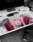 Large 40x20 inches desk pad featuring Zero Two from Darling in the Franxx, blending soft pink hues with her rebellious, unforgettable energy.