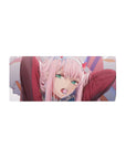 Mouse pad featuring Zero Two from Darling in the Franxx, 28x12 inches, with her lollipop and daring eyes, capturing her bold spirit.