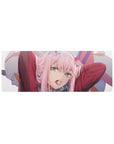 Compact 32x12 inches mouse pad with Zero Two from Darling in the Franxx, featuring her iconic lollipop and bold expression in soft pink hues.
