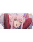 Desk pad featuring Zero Two from Darling in the Franxx, 36x16 inches, with her lollipop and daring expression, capturing her bold spirit.