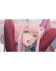 Desk pad featuring Zero Two from Darling in the Franxx, 40x20 inches, with her signature lollipop and daring expression.